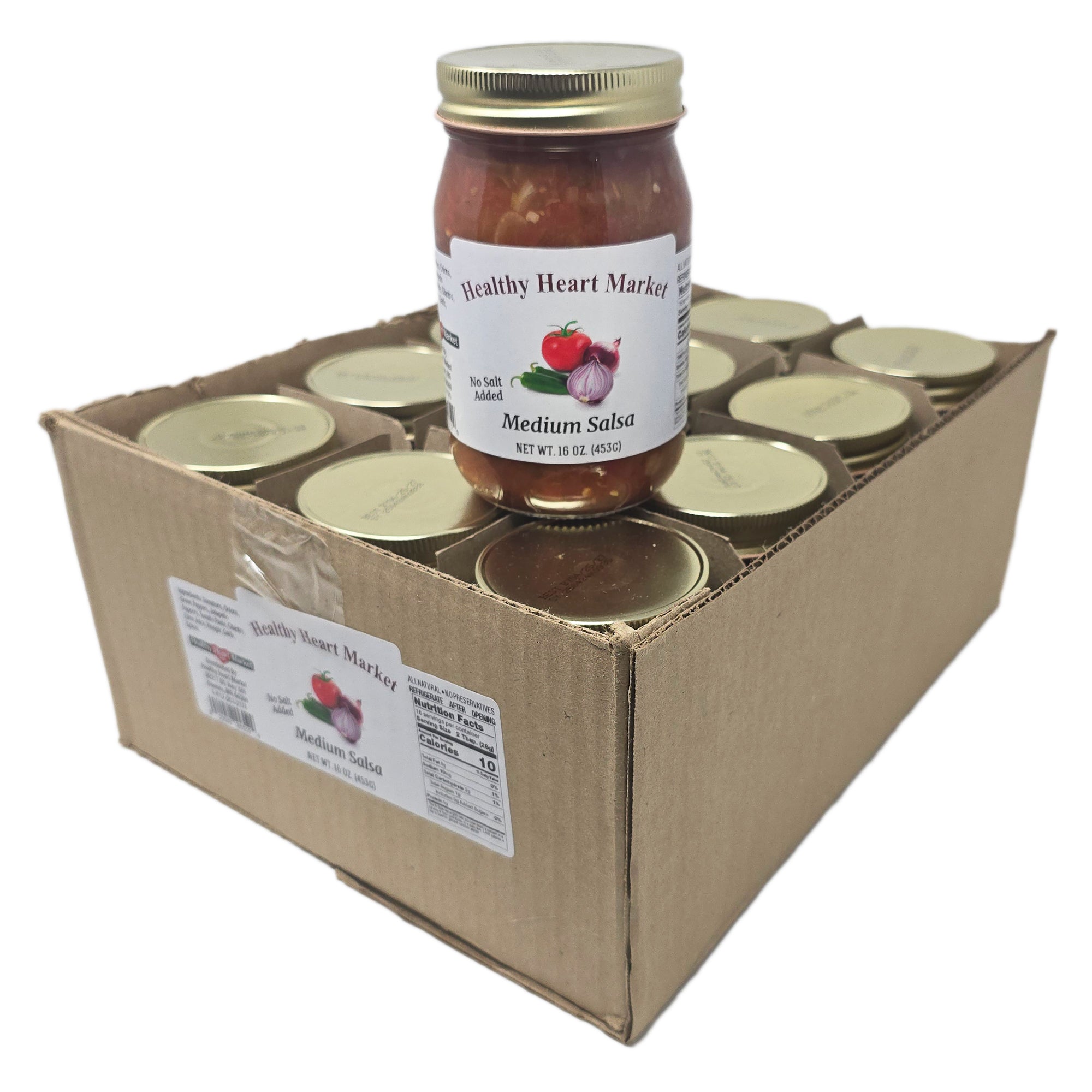Case of 12 jars Healthy Heart Market No Salt Added Medium Salsa with labels on a plain background.